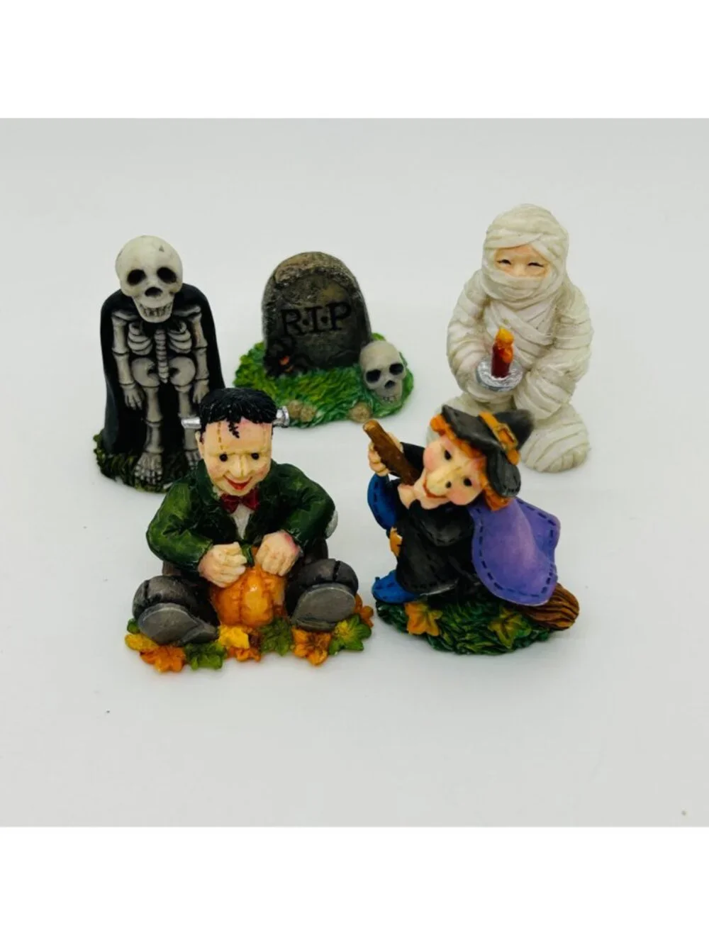 Vintage Enesco Miniature Halloween Figurine Witch Frankenstein Skeleton Mummy